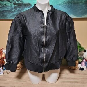 WoWo Black Faux Leather Bomber Jacket Textured quarter sleeve  Size 2XL y2k 90s